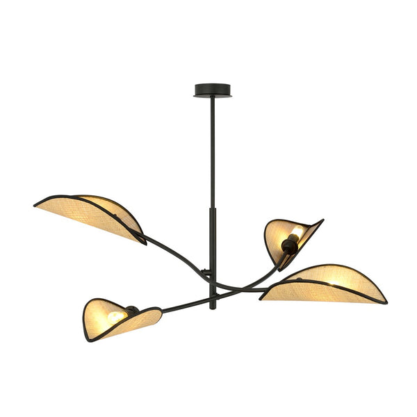 Plafonnier Lotus 4 lumières noir, rotin
