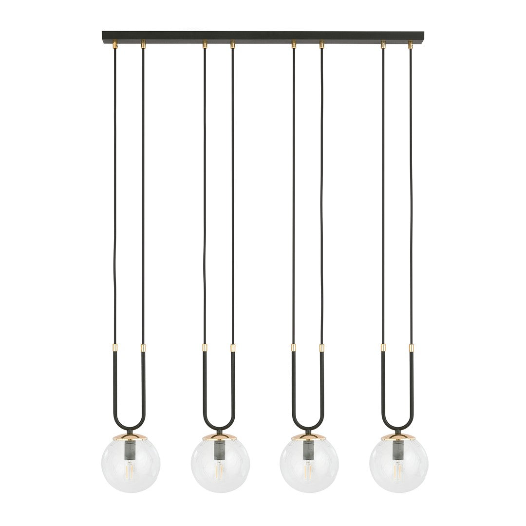Suspension Glam 4 lumières noire, verre transparent