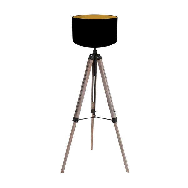 Lampadaire Triek 4107ZW à trépied avec abat-jour en lin noir et doré