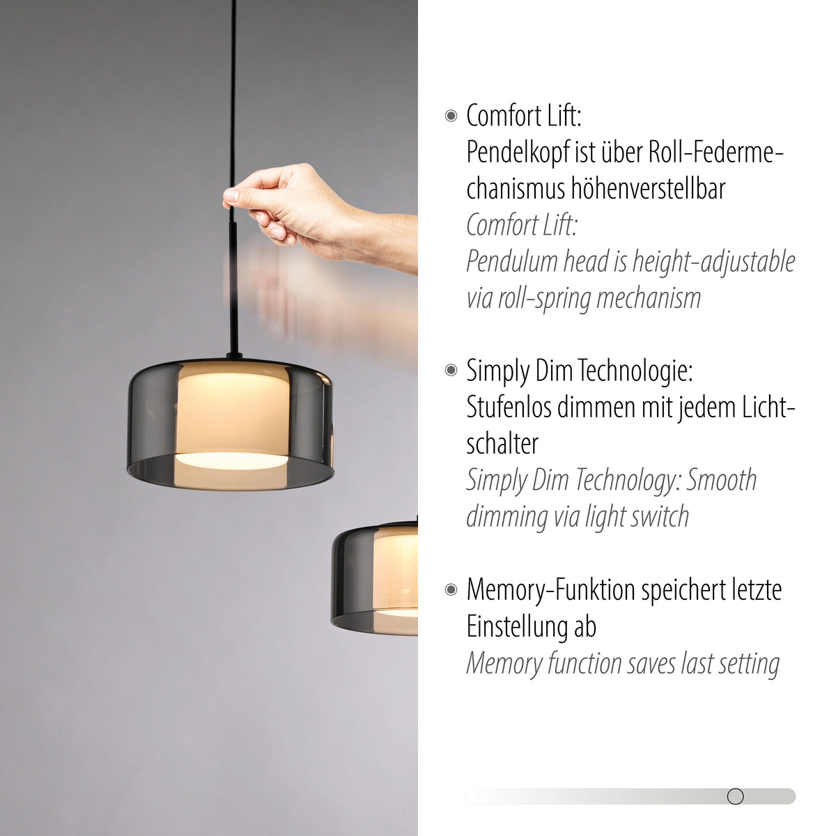 Détail de la main réglant la hauteur de l'abat-jour en verre fumé