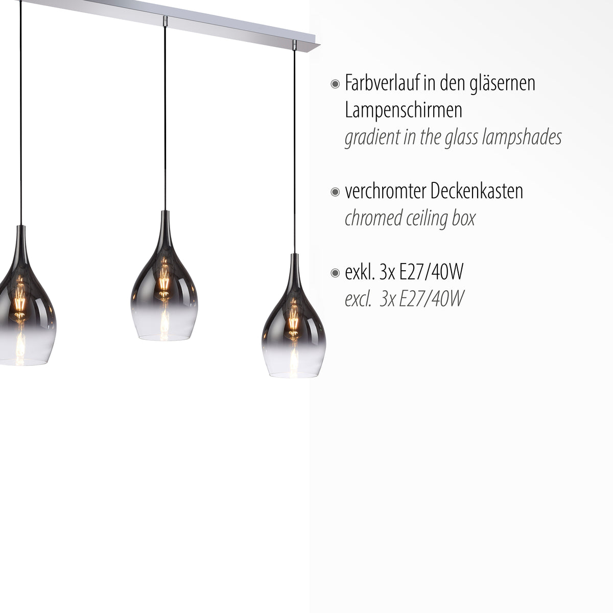 Détail produit avec mentions du dégradé de verre et de la barre chromée
