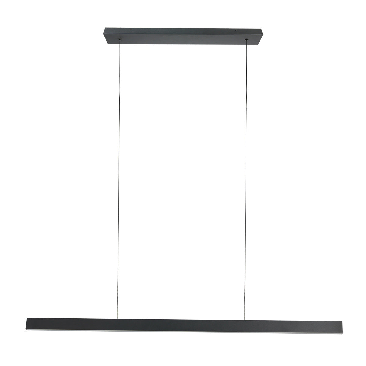 Vue de face du luminaire suspendu, profil fin et discret sur fond blanc