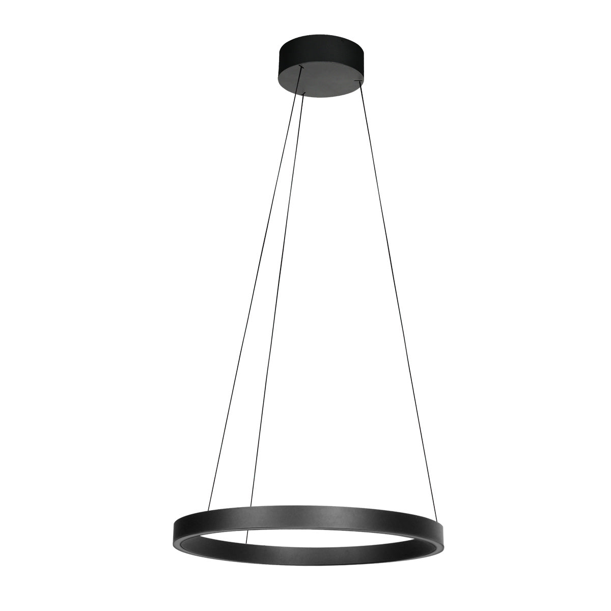 Luminaire suspendu circulaire noir présenté de trois quarts sur fond blanc
