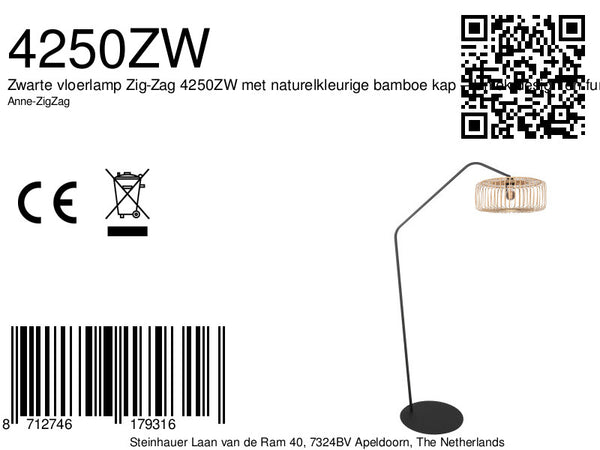 Lampadaire noir Zig-Zag 4250ZW avec abat-jour en bambou couleur naturelle – design unique et utilisation fonctionnelle