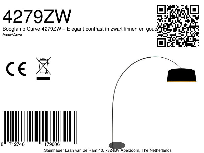 Lampe arceau Curve 4279ZW – contraste élégant en lin noir et doré