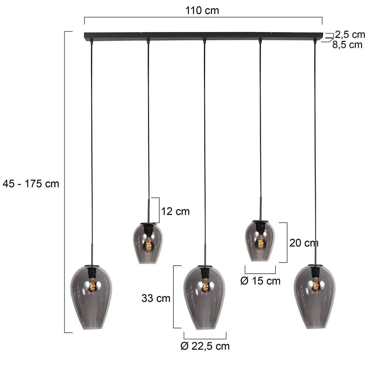 Suspension allongée verre fumé HaloSwap – plan coté : barre, verres Ø 15 cm H 20 cm, câbles 45-175 cm – Designix.fr