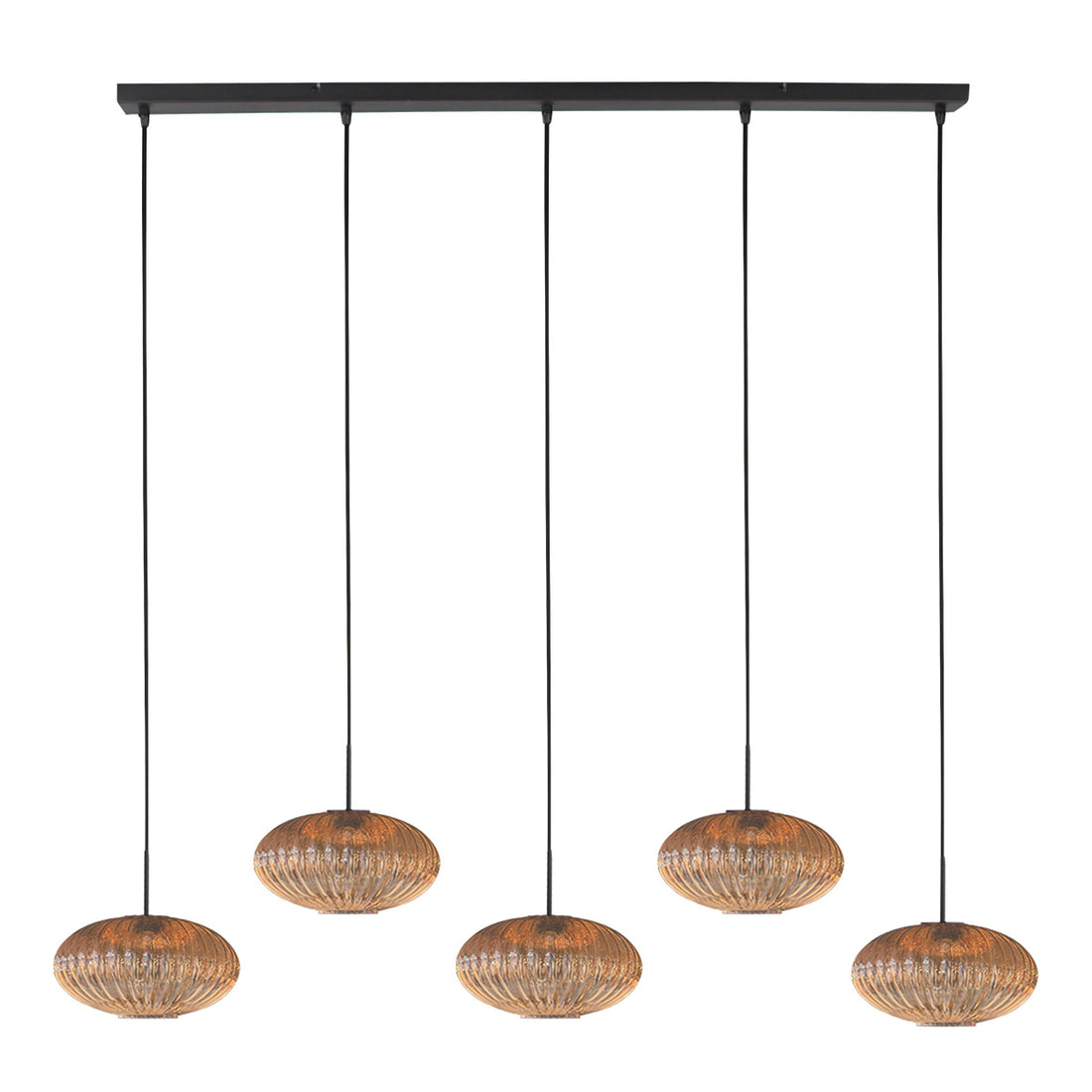 Suspension verre ambré nervuré, 5 verres sur barre 110 cm | HaloSwap