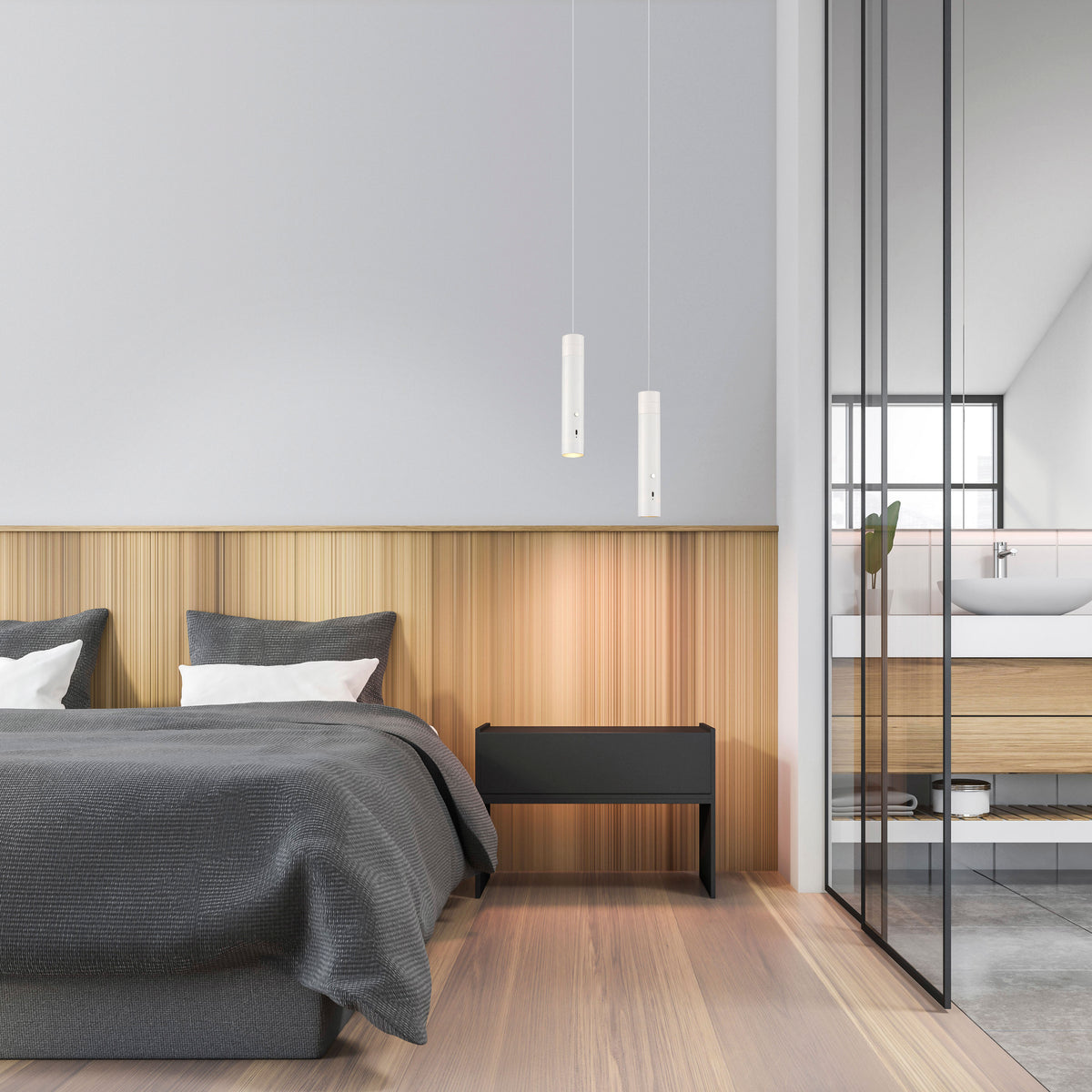 Mise en ambiance dans une chambre avec deux suspensions allumées au-dessus de tables de nuit.