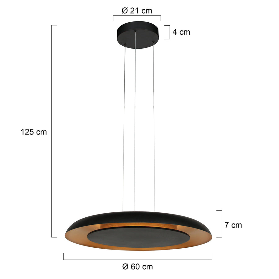 Dimensions suspension led Golden Veil : disque Ø 60 cm, hauteur réglable 125 cm, platine Ø 21 cm, épaisseur 7 cm