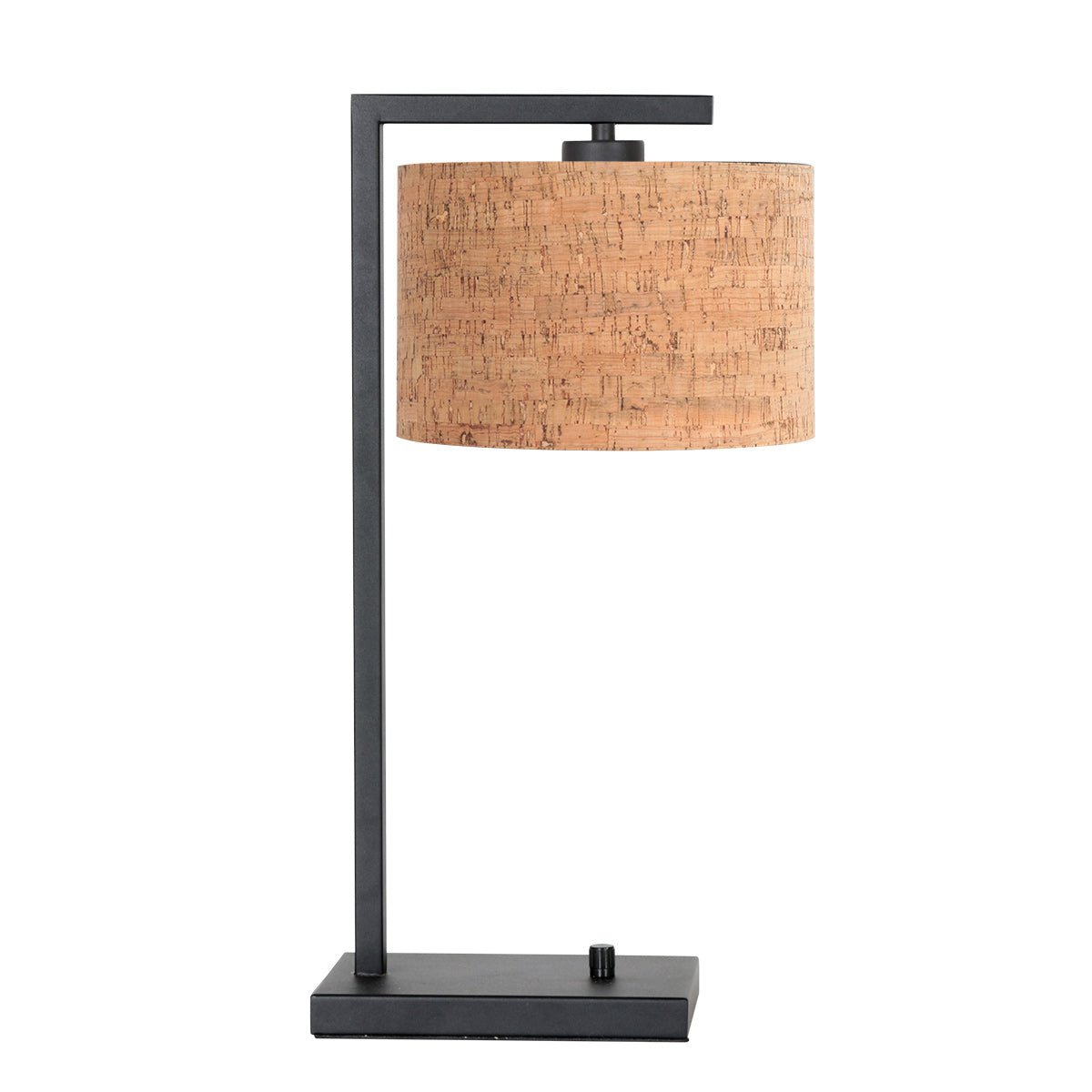 Lampe à poser metal noir Stang vue de face, abat-jour liège naturel – Designix.fr