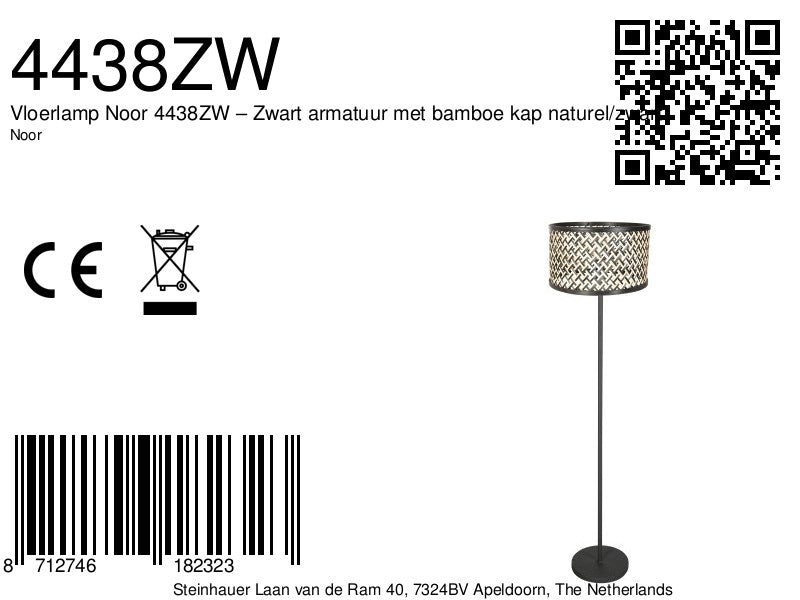 Lampadaire Noor 4438ZW – luminaire noir avec abat-jour en bambou naturel/noir
