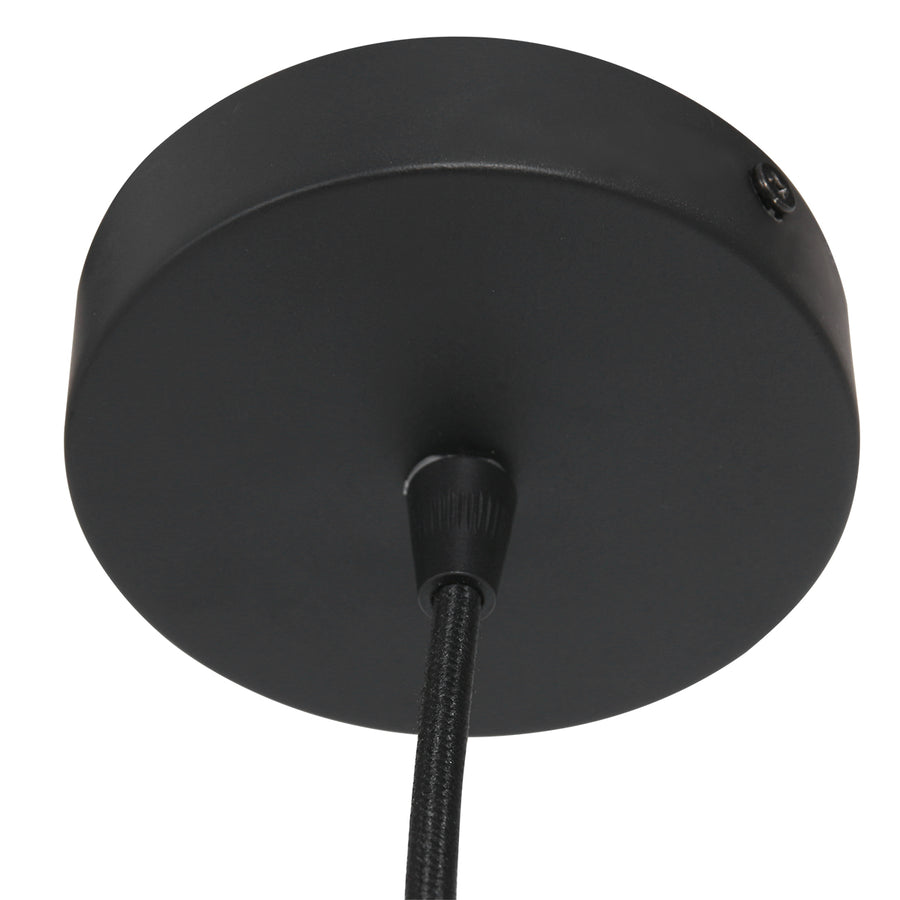 Base ronde en métal noir mat de la suspension bambou Kubu avec son câble réglable