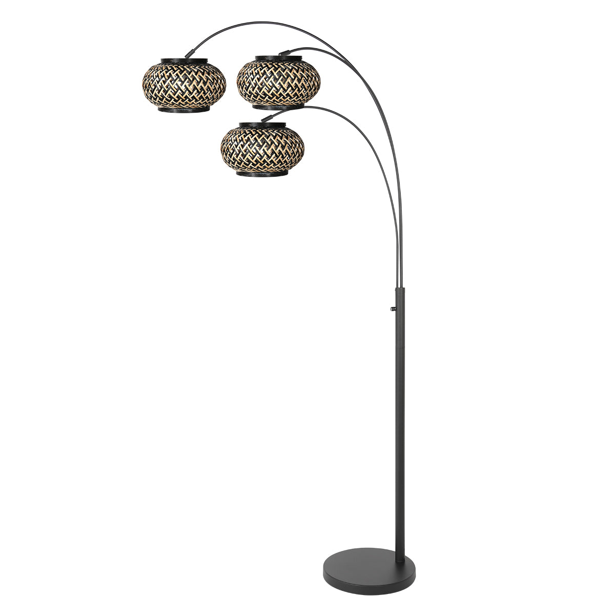 Lampadaire arc rotin Ubud, abat-jours boule tressés – vue 2 – Designix.fr