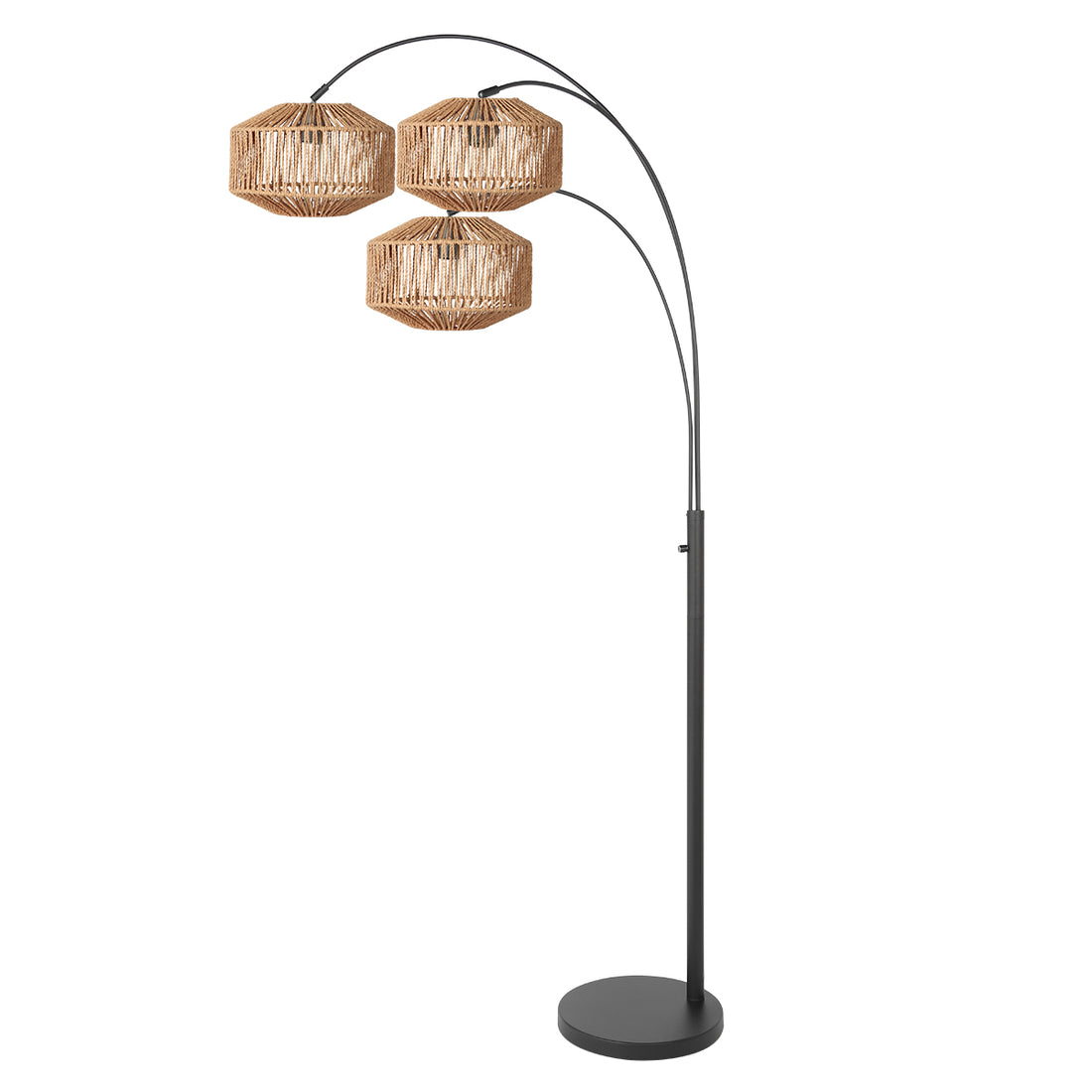Lampadaire arc corde naturelle, 3 lumières noir mat H 180 cm | Cordéo