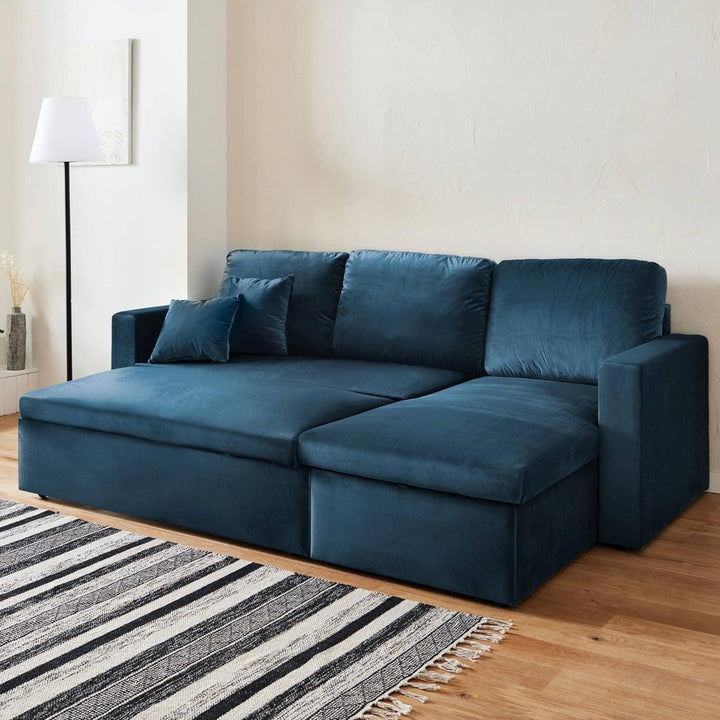 Alice'S Home - Canapé D'Angle Convertible En Velours Bleu Pétrole 3 Places. Fauteuil D'Angle Réversible Coffre Rangement Lit Modulable | Designix -     - https://designix.fr/