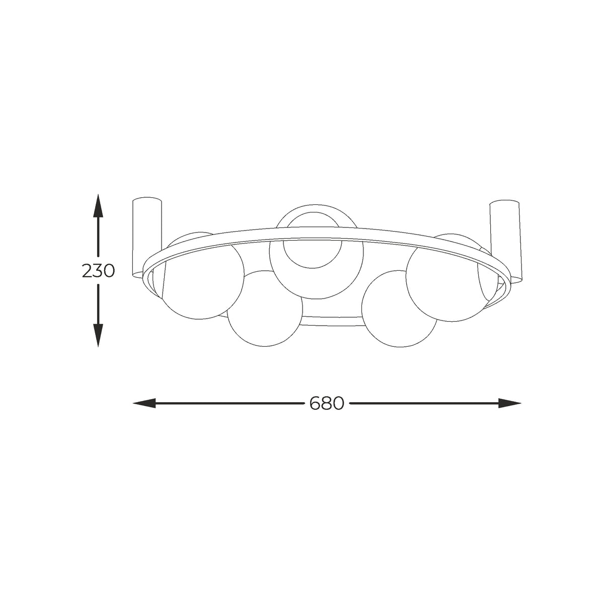 Schéma de dimensions du plafonnier avec hauteur 230 mm et largeur 680 mm