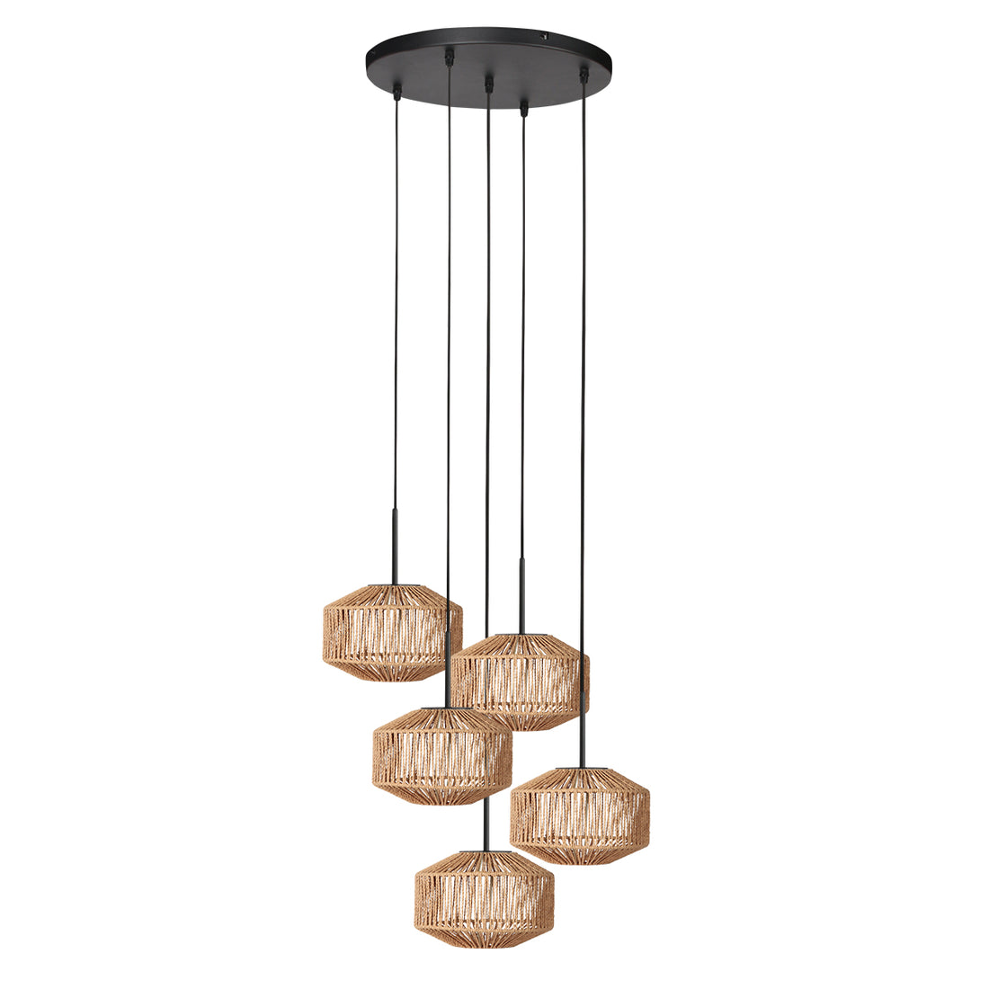 Suspension 5 abat-jours corde naturelle, cascade Ø 50 cm | Nusa