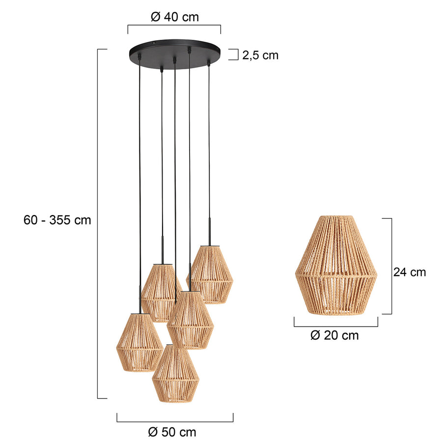 Dimensions de la suspension grappe corde Flores : base Ø 50 cm, abat-jour Ø 20 cm, hauteur 60 à 355 cm