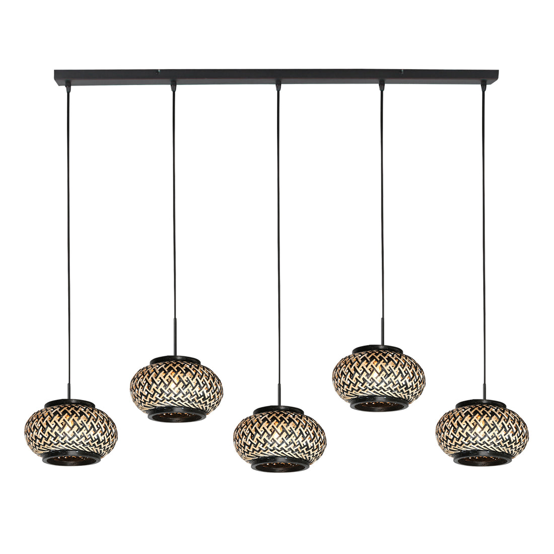 Suspension bambou 5 lumières, barre 110 cm & abat-jours tressés | Lombok