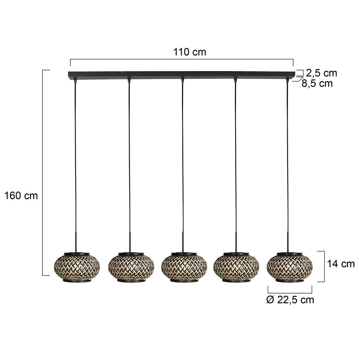 Dimensions de la suspension bambou : barre 110 cm, hauteur 160 cm, abat-jour Ø 22,5 cm