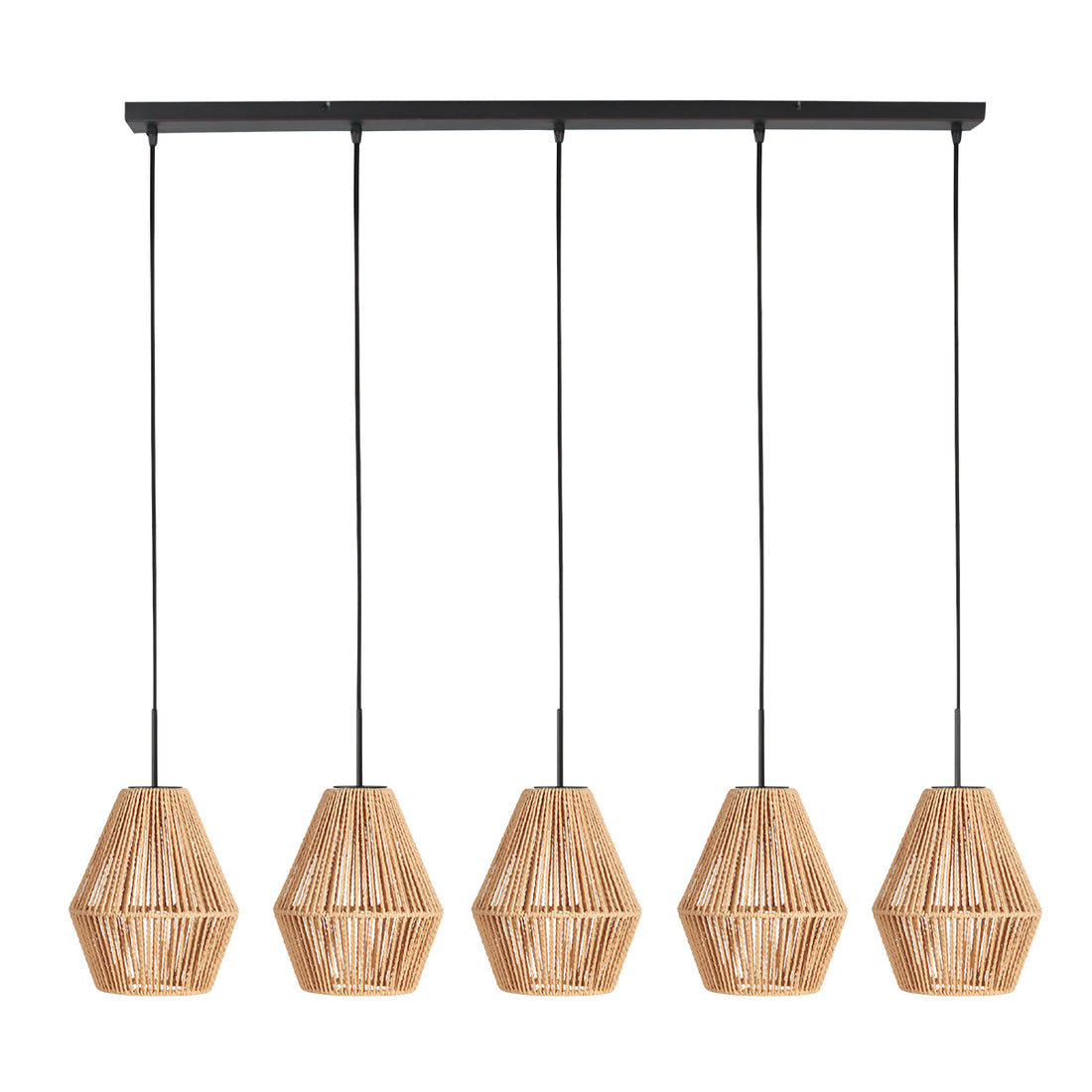 Suspension barre corde tressée, 5 abat-jours diabolo beige 110 cm | Bintan