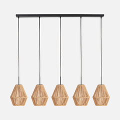 Suspension barre corde tressée, 5 abat-jours diabolo beige 110 cm | Bintan