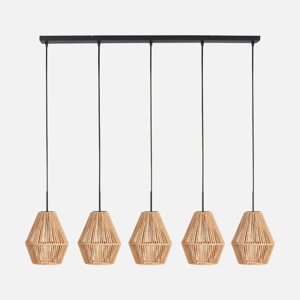 Suspension barre corde tressée, 5 abat-jours diabolo beige 110 cm | Bintan