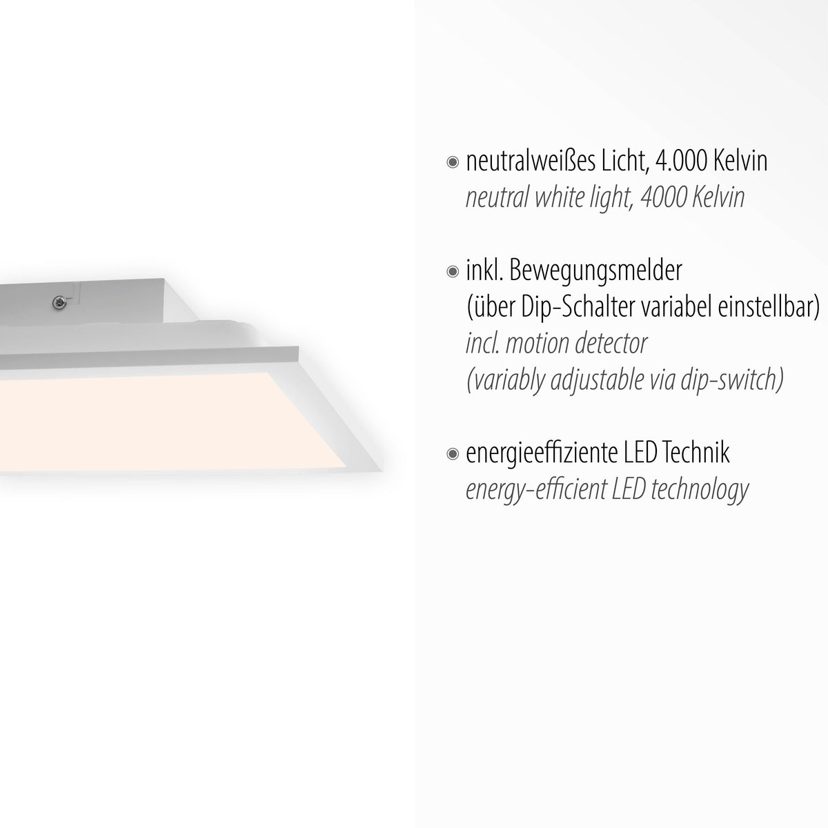 Détail du boîtier et texte technique : lumière neutre 4000 kelvins, détecteur