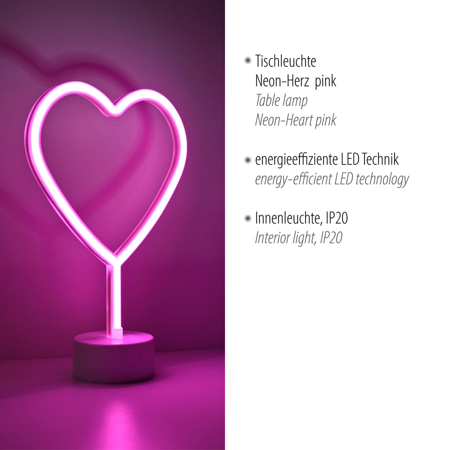 Fiche produit avec lampe cœur rose allumée et textes techniques en allemand et anglais.