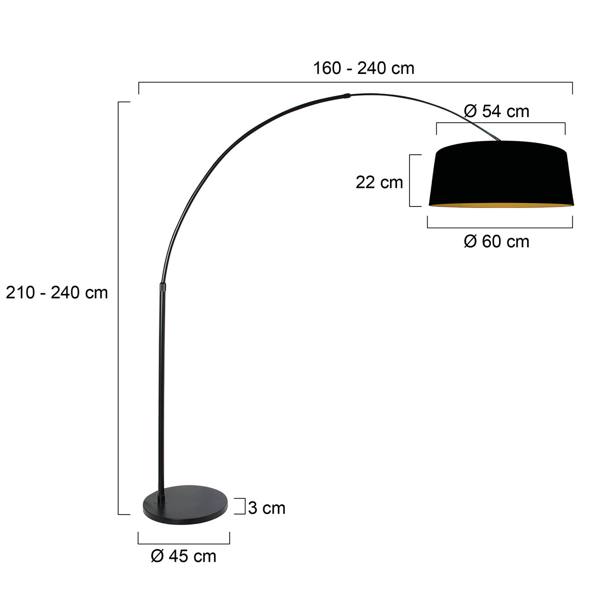 Lampadaire arc doré Arvo, abat-jour noir intérieur doré – vue 5 – Designix.fr