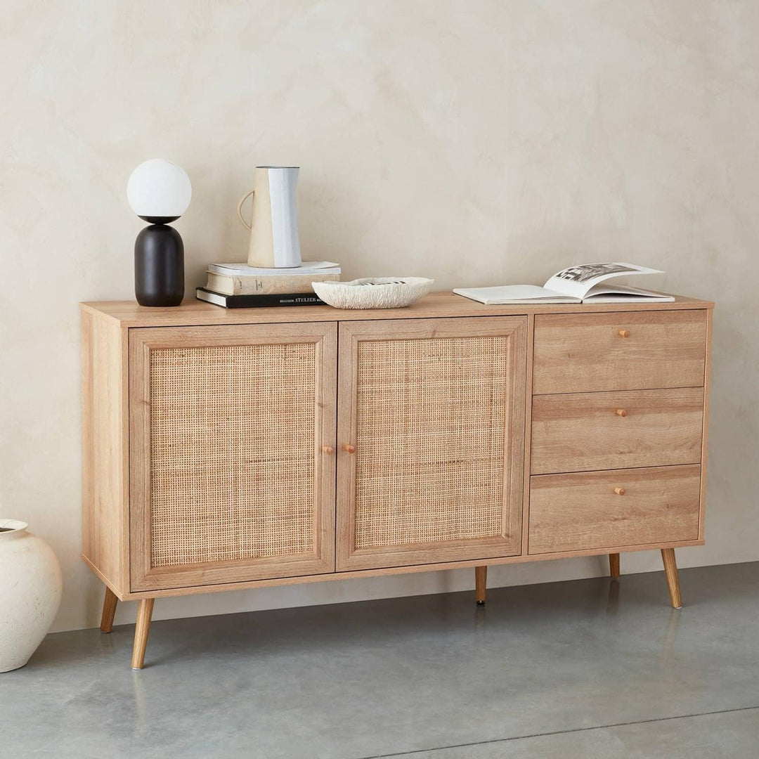 Alice'S Home - Buffet De Rangement Naturel En Cannage 2 Portes 3 Tiroirs L150 X L39 X H79Cm - Bohème | Designix - Amazon    - https://designix.fr/