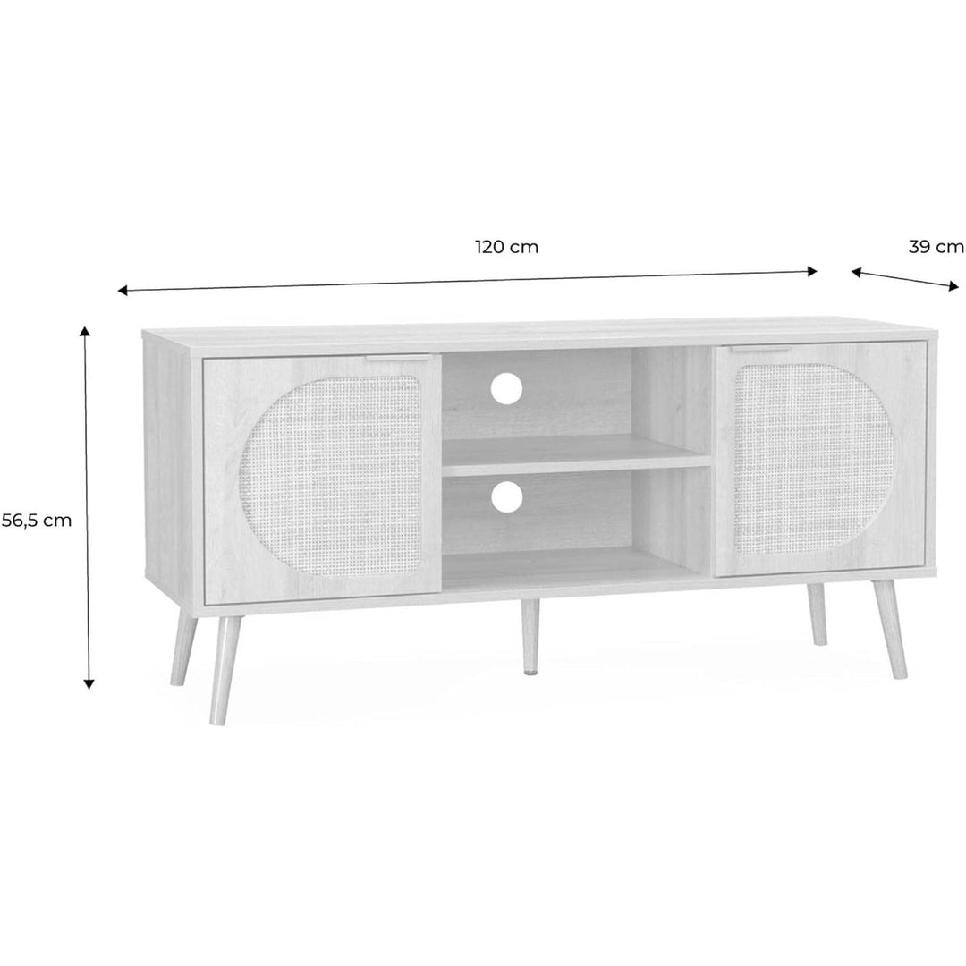 Alice'S Home - Meuble TV. Eva. Décor Bois Et Cannage Arrondi 2 Portes. 1 Étagère L120 X L39 X H56.5Cm | Designix - Amazon    - https://designix.fr/