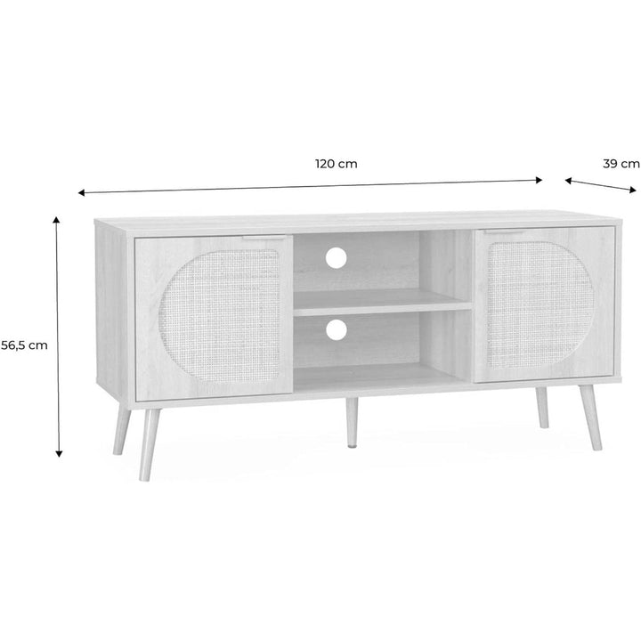 Alice'S Home - Meuble TV. Eva. Décor Bois Et Cannage Arrondi 2 Portes. 1 Étagère L120 X L39 X H56.5Cm | Designix - Amazon    - https://designix.fr/