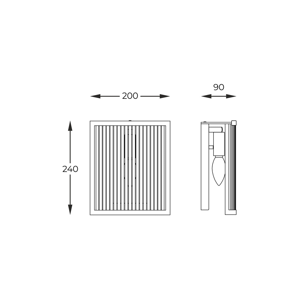 Schéma coté : largeur 200 mm, hauteur 240 mm, profondeur 90 mm