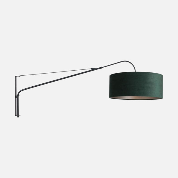 Applique murale verte, abat-jour velours & long bras arc noir | Sylva