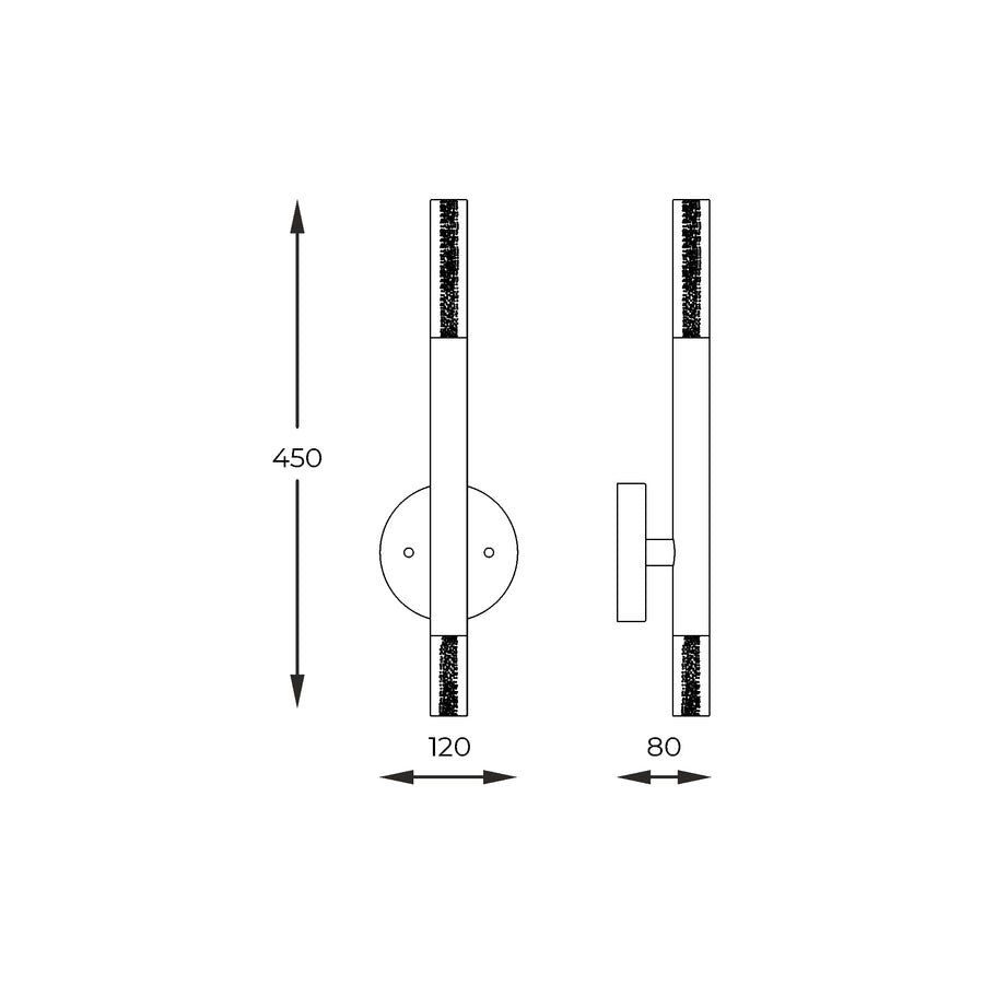 Schéma de dimensions de l'applique : hauteur 450 mm, largeur 120 mm, profondeur 80 mm.
