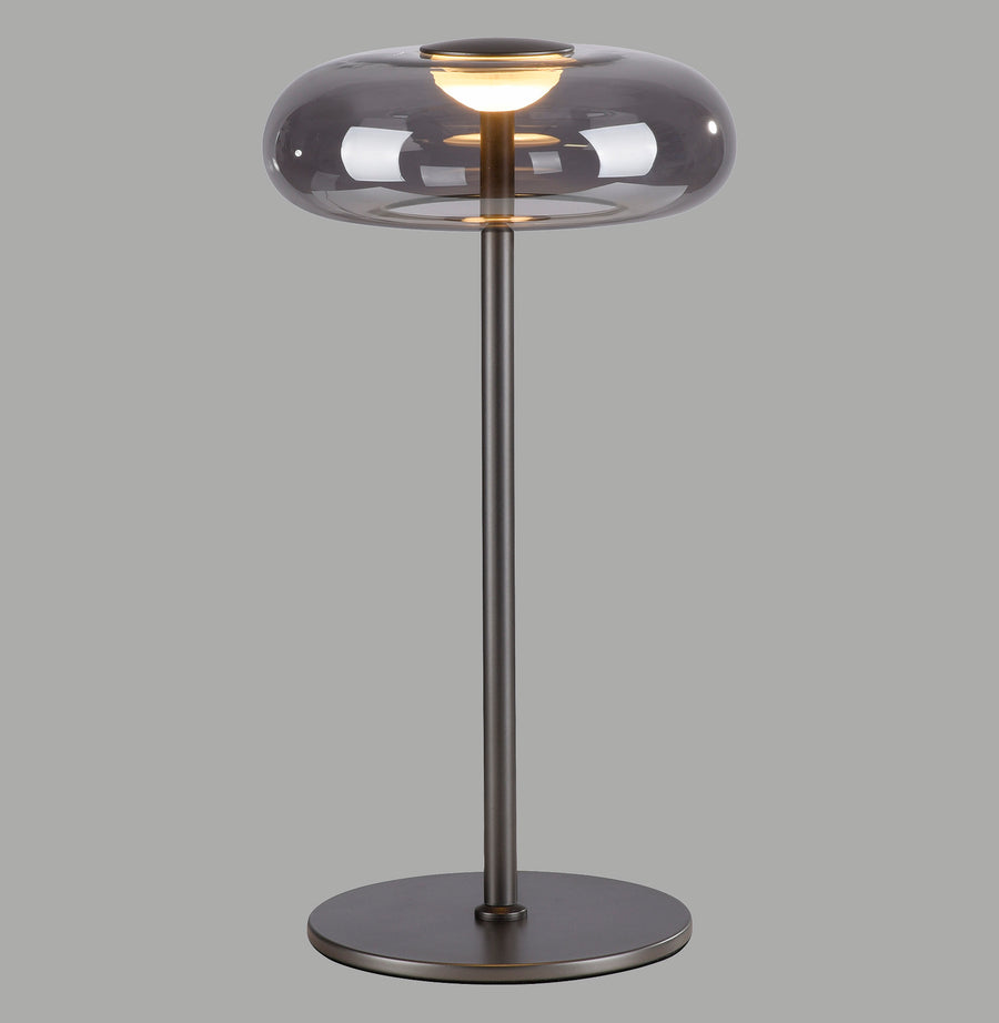 Lampe à poser de face sur fond gris, abat-jour ovale en verre fumé