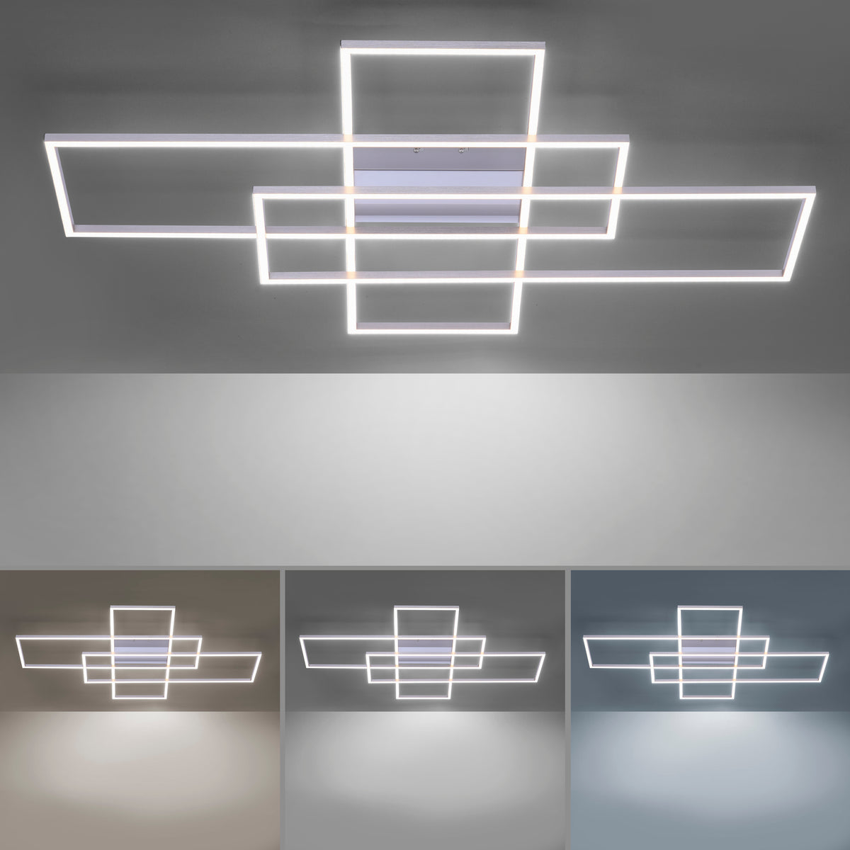 Luminaire allumé montrant trois températures de couleur et un éclairage uniforme au plafond