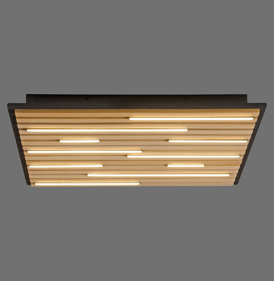Vue de face du plafonnier rectangulaire en lattes de bois clair et bandes LED