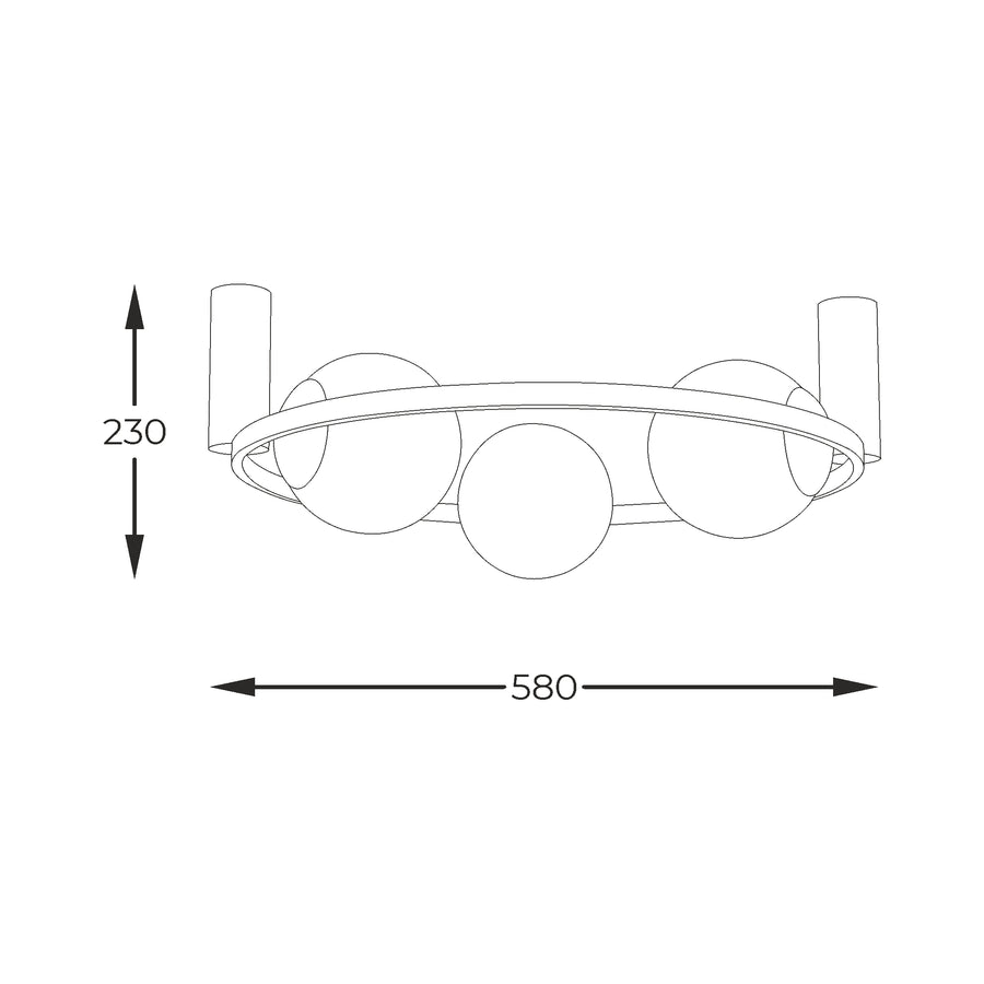 Schéma technique coté du luminaire : hauteur 230 mm, largeur 580 mm.