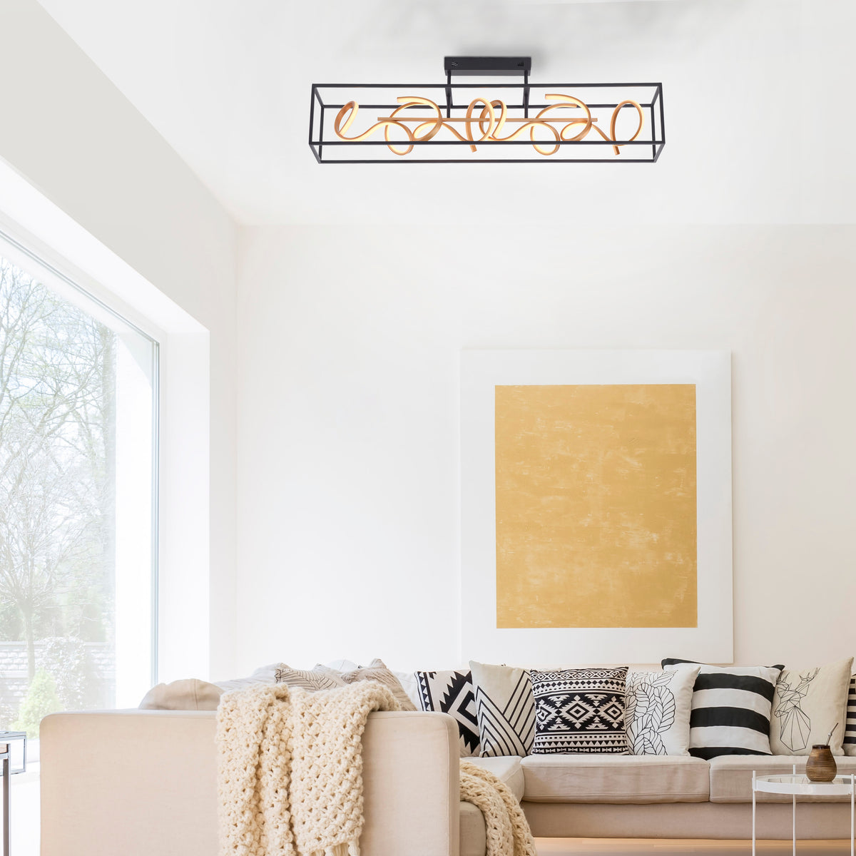 Mise en ambiance du plafonnier fixé au plafond blanc dans un salon moderne