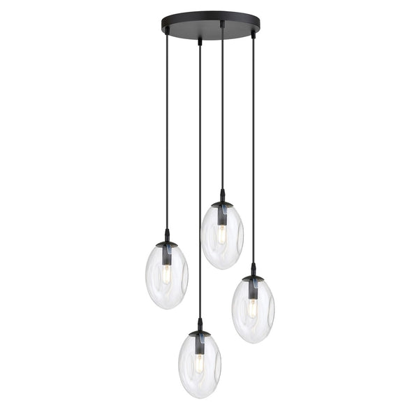 Suspension Astral 4 lumières noire, verre transparent