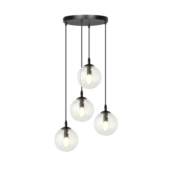Suspension Cosmo 4 lumières noire, verre transparent