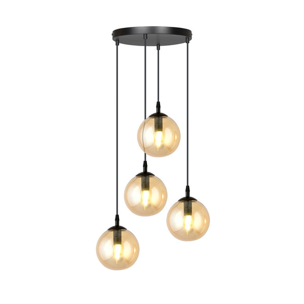Suspension Cosmo 4 lumières noire, verre ambré