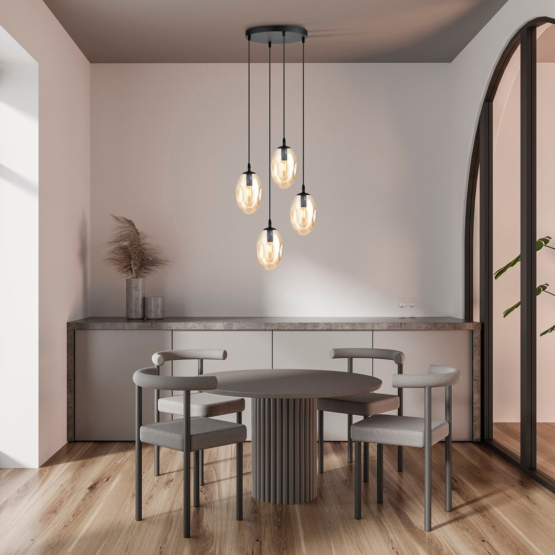 Mise en ambiance au-dessus d'une table à manger ronde dans un intérieur contemporain