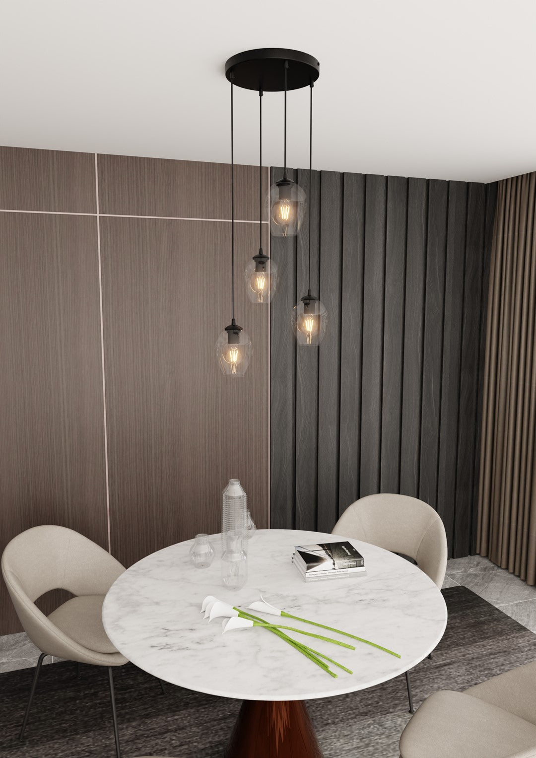 Mise en ambiance salle à manger, table ronde en marbre et suspension allumée au-dessus