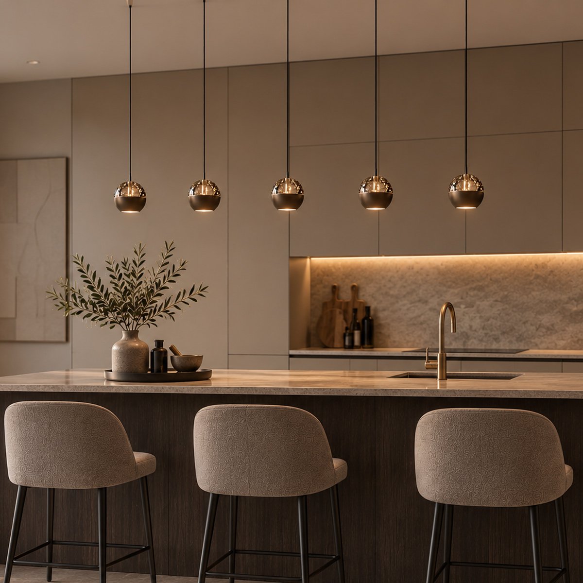 Mise en ambiance au-dessus d'un îlot de cuisine, tabourets en tissu beige et plan de travail clair