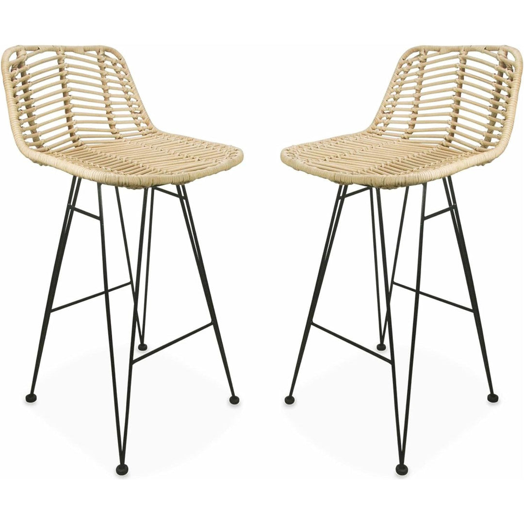 Alice'S Home - Deux Tabourets De Bar En Rotin Naturel Et Métal. Coussins Noirs - Cahya | Designix - Amazon    - https://designix.fr/