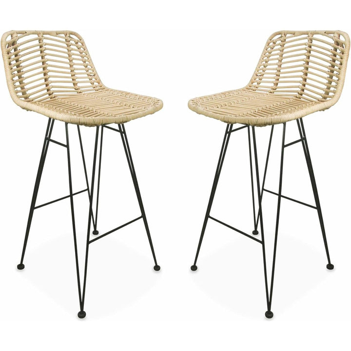 Alice'S Home - Deux Tabourets De Bar En Rotin Naturel Et Métal. Coussins Noirs - Cahya | Designix - Amazon    - https://designix.fr/