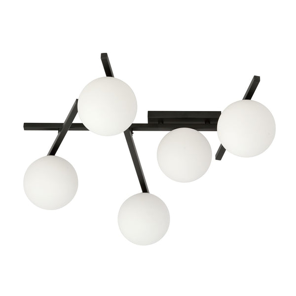 Plafonnier Smart 5 lumières noir, verre opale